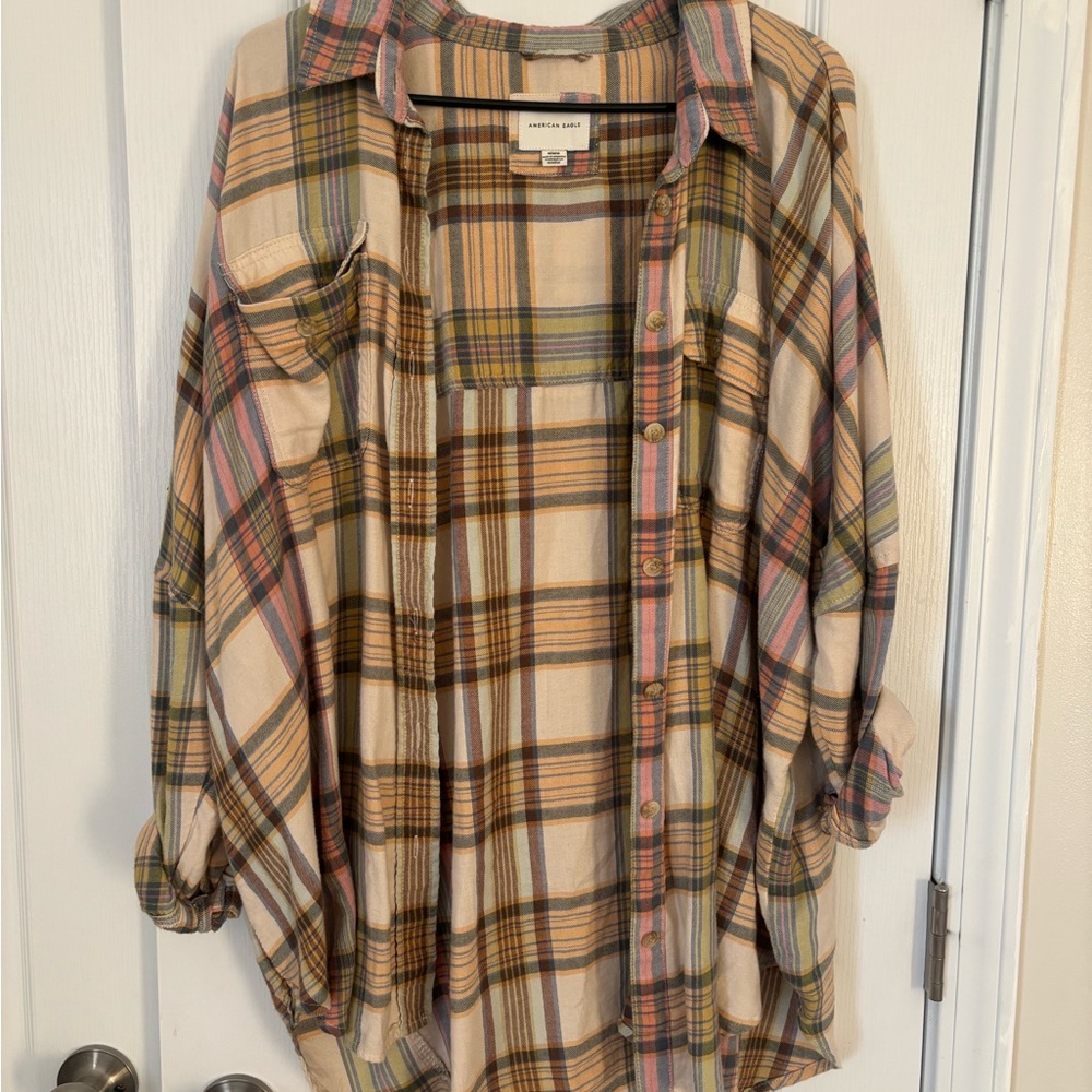 American Eagle Plaid Button Up Shirt Tan/Pink/Yellow - Women’s Medium